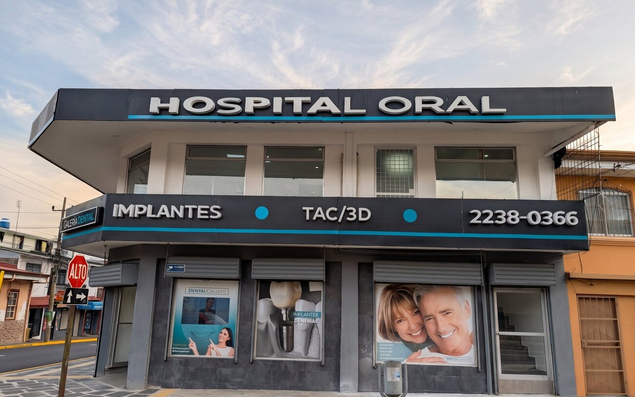The clinic building on a street corner in Heredia, Costa Rica, with Hospital Oral and Galería Dental signage above the entrance